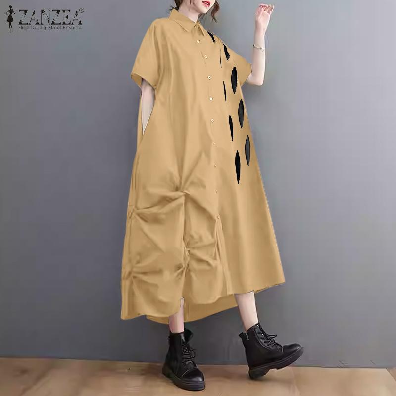 ZANZEA Dámské ležérní košilové šaty s krátkým rukávem, volného střihu, s patworkovým designem a límečkem