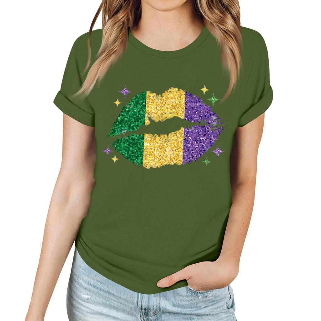 Women's Casual Carnival Print T-Shirt Round Neck Pullover Short Sleeve Top