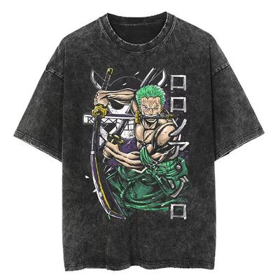 Anime ONE PIECE Zoro Harajuku Retro Spłowiony T-shirt Bawełniany Męski Streetwear Oversize Damski Top z Krótkim Rękawem