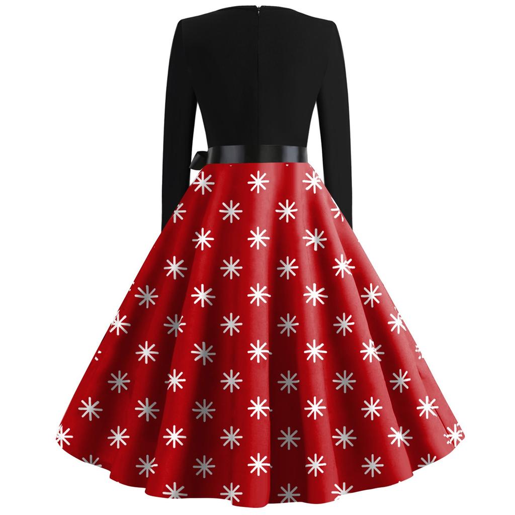 Christmas Print Flare Dress For Women Long Sleeve Dress Party Casual Dresses Christmas