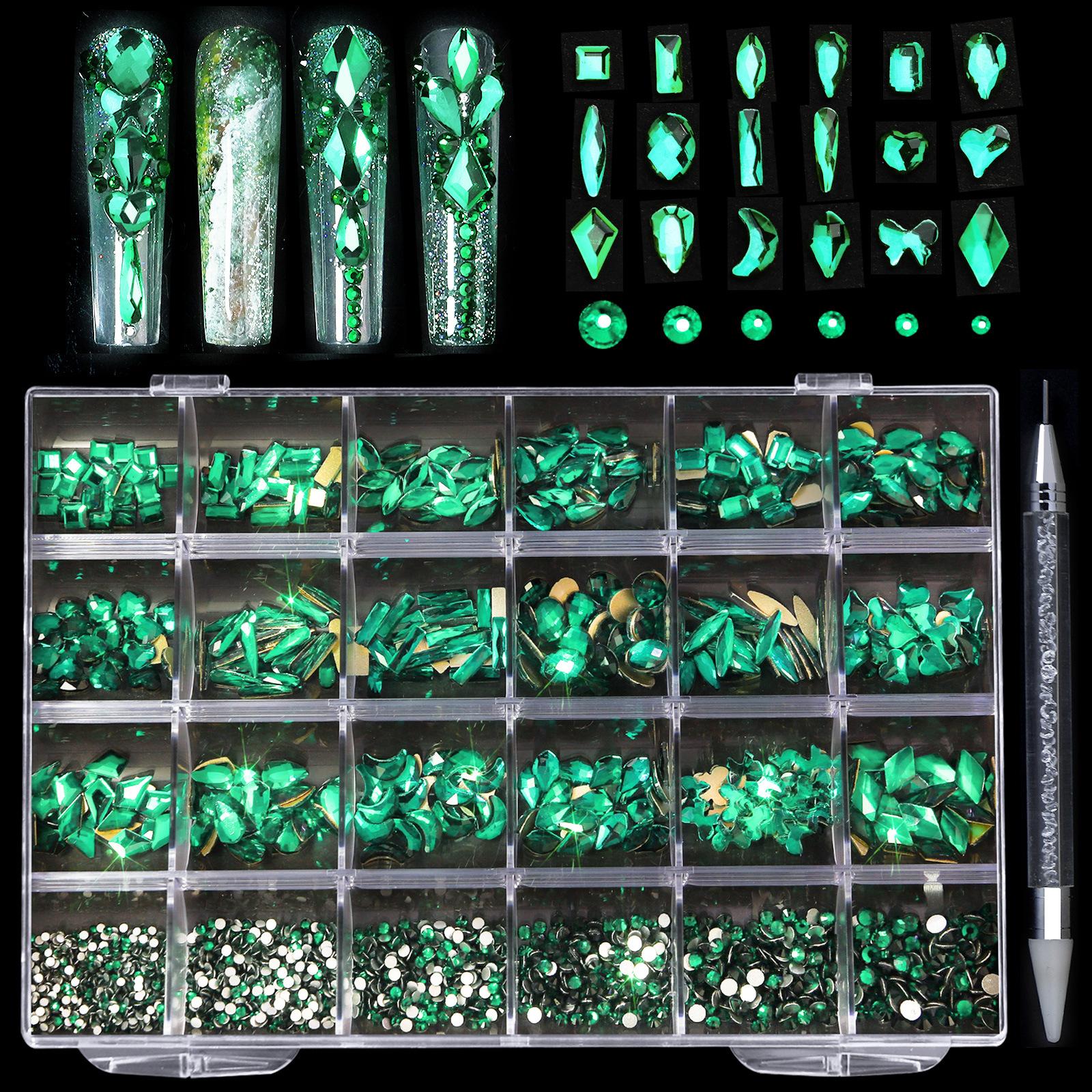 

Лидер продаж, 24 сетки, ювелирные изделия смешанной формы, роскошный блестящий бриллиант для украшения ногтей, набор стеклянных кристаллов «сделай сам», с точечной дрелью 03 Green