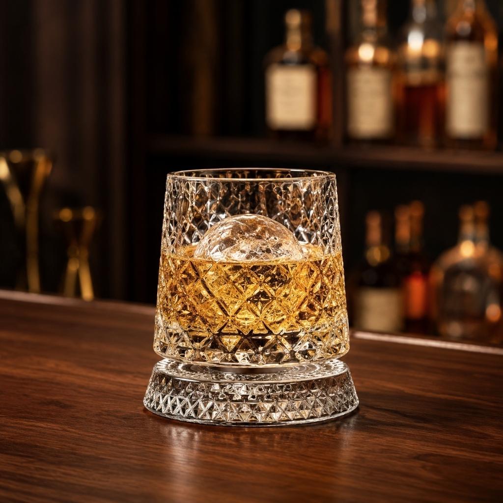 9oz Rotating Whiskey Glass with Base 360 Degree Swivel Crystal Glass Tumbler for Spirits and Cocktails Durable Design