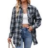 Women's Long Sleeve Plaid Shirt Turn Down Collar Streetwear Loose Fit Button Down Blouse With Pocket