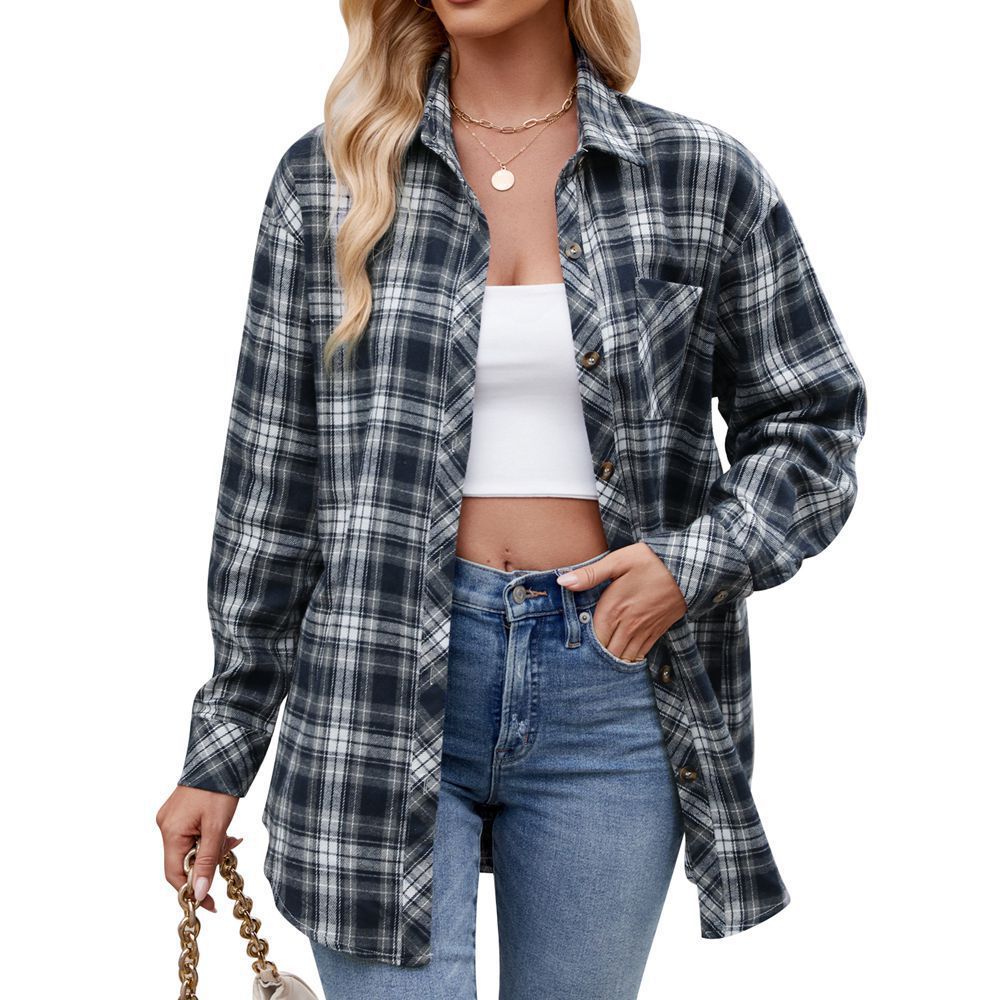 Women's Long Sleeve Plaid Shirt Turn Down Collar Streetwear Loose Fit Button Down Blouse With Pocket
