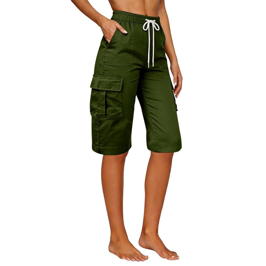 Women's Knee Length Cargo Shorts,Casual High Waisted Drawstring Bermuda Shorts With Pockets For Summer Hiking Work