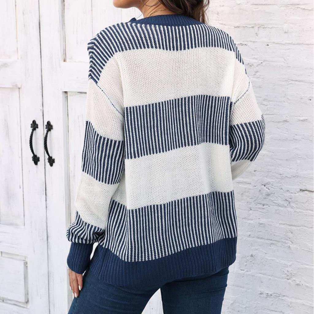 Women's Pullover Top Cross-border European and American Women's Clothing Autumn and Winter New Casual Loose Woven Sweater Contrasting Stripes Splicing