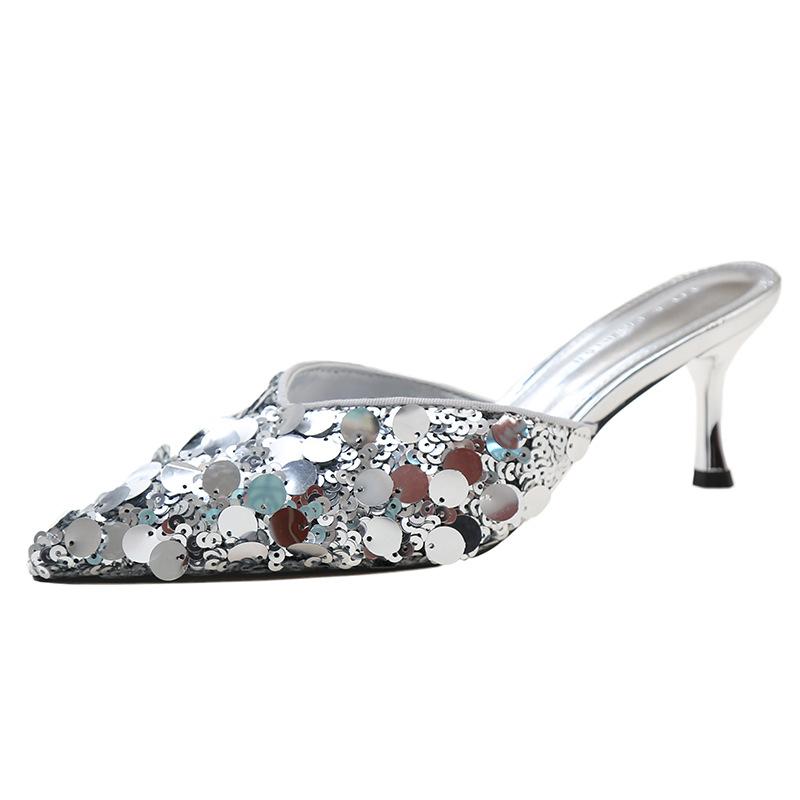 

Baotou back empty sandals spring new high-end sequined single shoes women s pointed head thin heel shallow mouth niche design sense 40