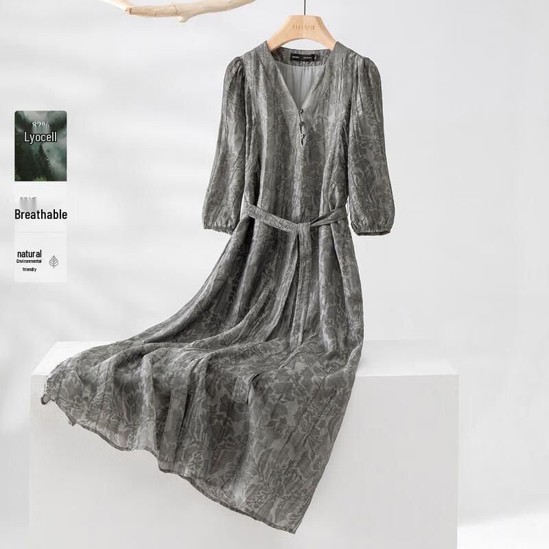 IHIMI Tencel Washed V-Neck A-Line Midi Dress M