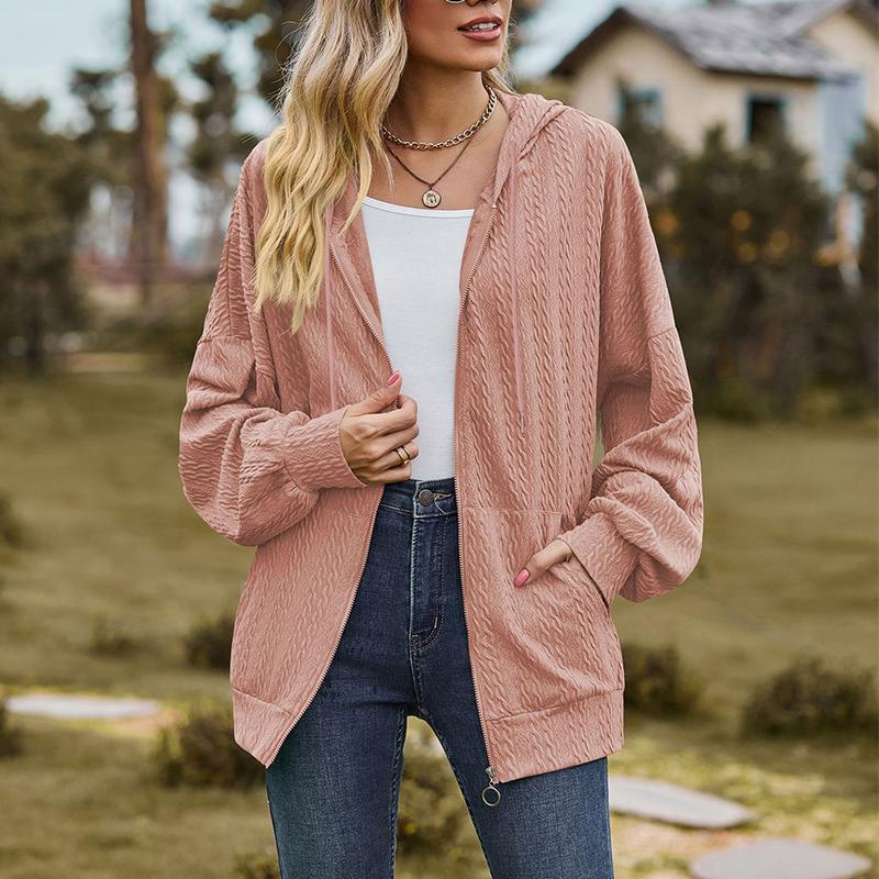 Damen V-Ausschnitt Reißverschluss Einfarbig Lange Lockere Sweatshirtjacke