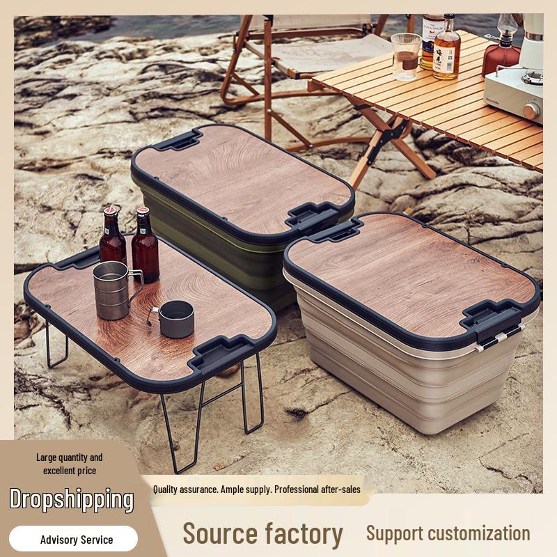 Outdoor Folding Picnic Basket with Wooden Lid - Multifunctional Storage Box for Camping or Car Use