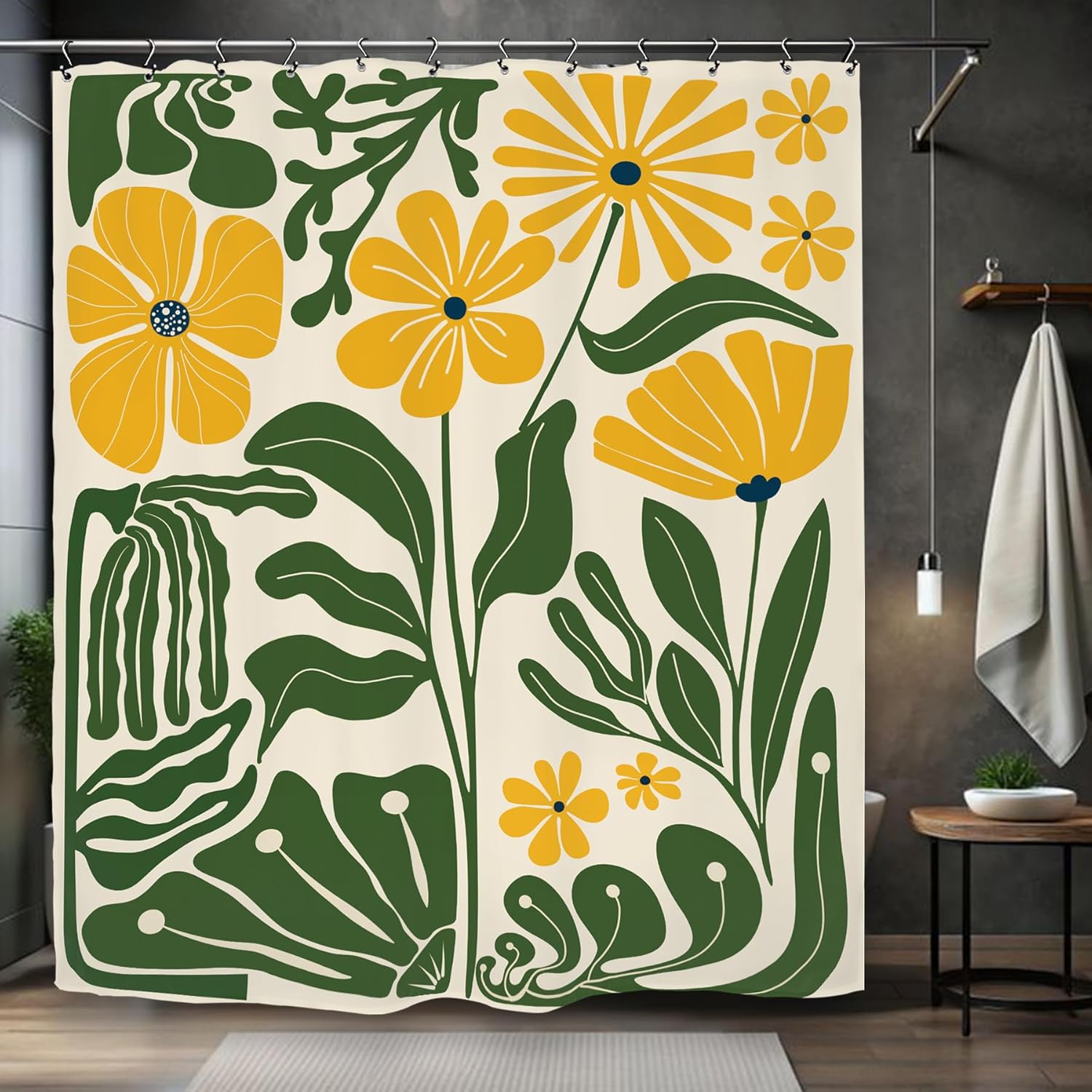 

Yellow Flowers and Green Leaves Printed Shower Curtain 180x180cm Tropical Garden Style Bath Curtains 90x180cm35x71in