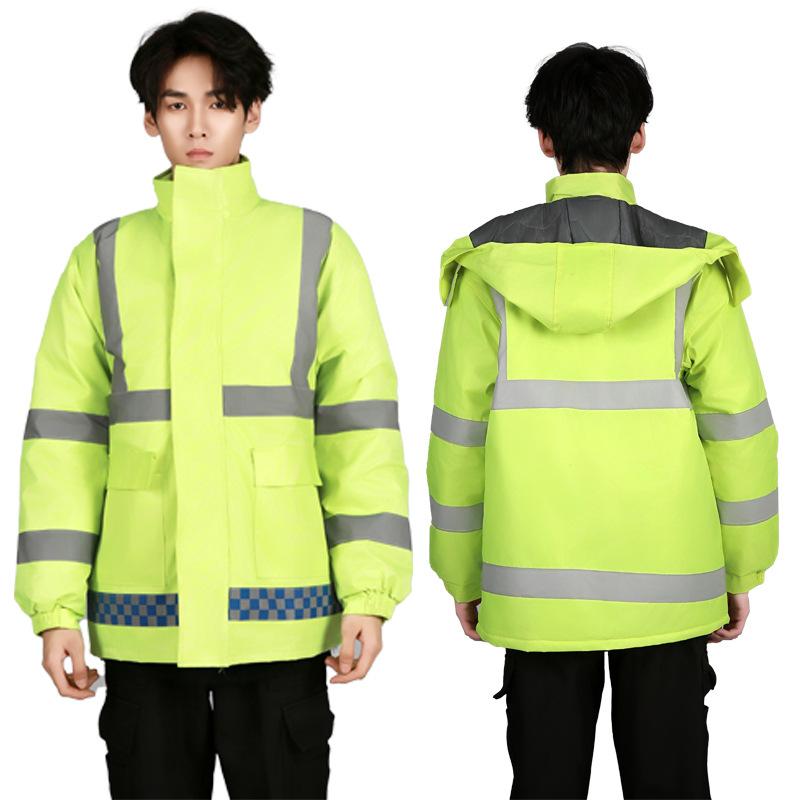 Reflective cotton-padded clothes on duty, cotton-padded raincoat set, winter outdoor traffic rescue, windproof and waterproof cotton-padded raincoat
