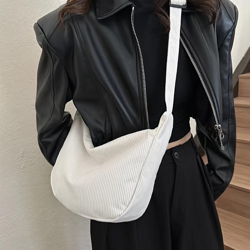 Large Capacity Corduroy Chic Crossbody Bag for Women - Adjustable Strap, Solid Color, Casual Dumpling Design with Zip Closure