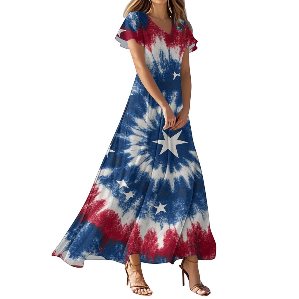Women's Casual Fashion Print Long Dresses V-Neck Short Sleeve Dresses