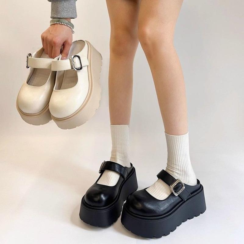 Academy style small leather shoes spring and summer new thick-soled heightening single shoes retro one-word buckle Mary Jane half slippers