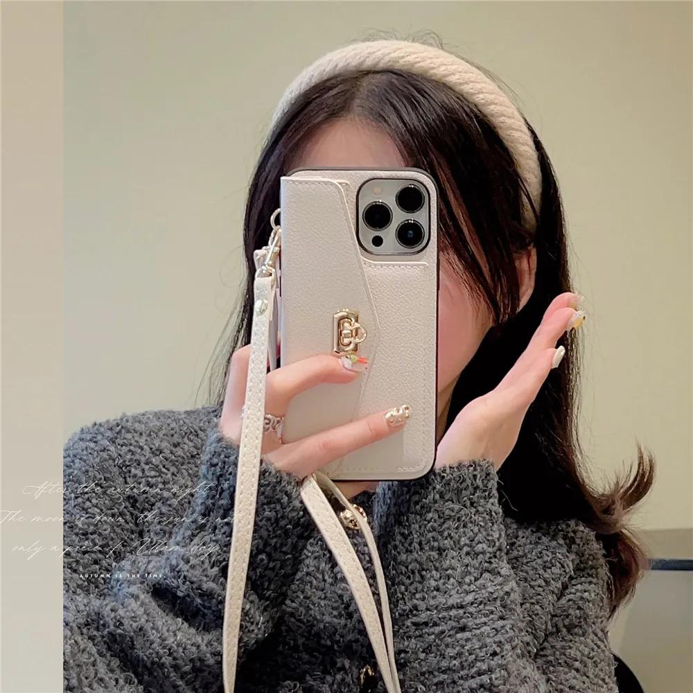 Kožená Luxusní Peněženka Crossbody Pouzdro na Telefon pro IPhone 16 15 14 Plus 11 12 13 Pro Max Přihrádka na Karty Držák Stojánek Dlouhý Lanyard Kryt