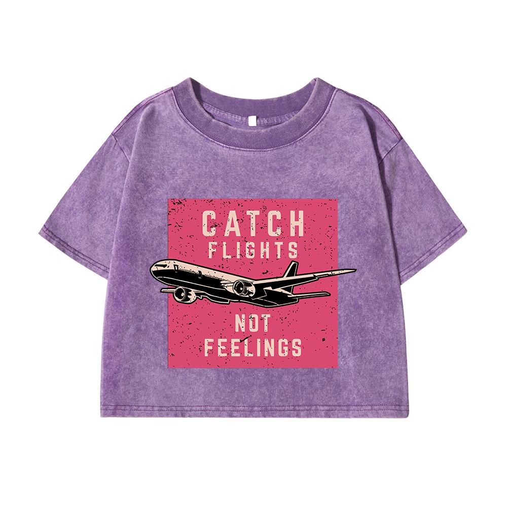 Women Cotton Washed T-Shirts Fashion Distressed Regular Fit Crop Tops Catch Flights Not Feelings Printing Tees Clothes