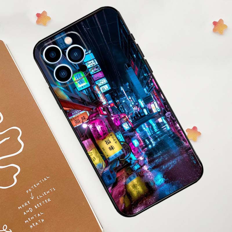 Japanese Night City Aesthetic Phone Case For iPhone 17 Pro Max 14 11 15 16 Pro Max 13 12 mini 16 Plus 16e 17 Air Funda