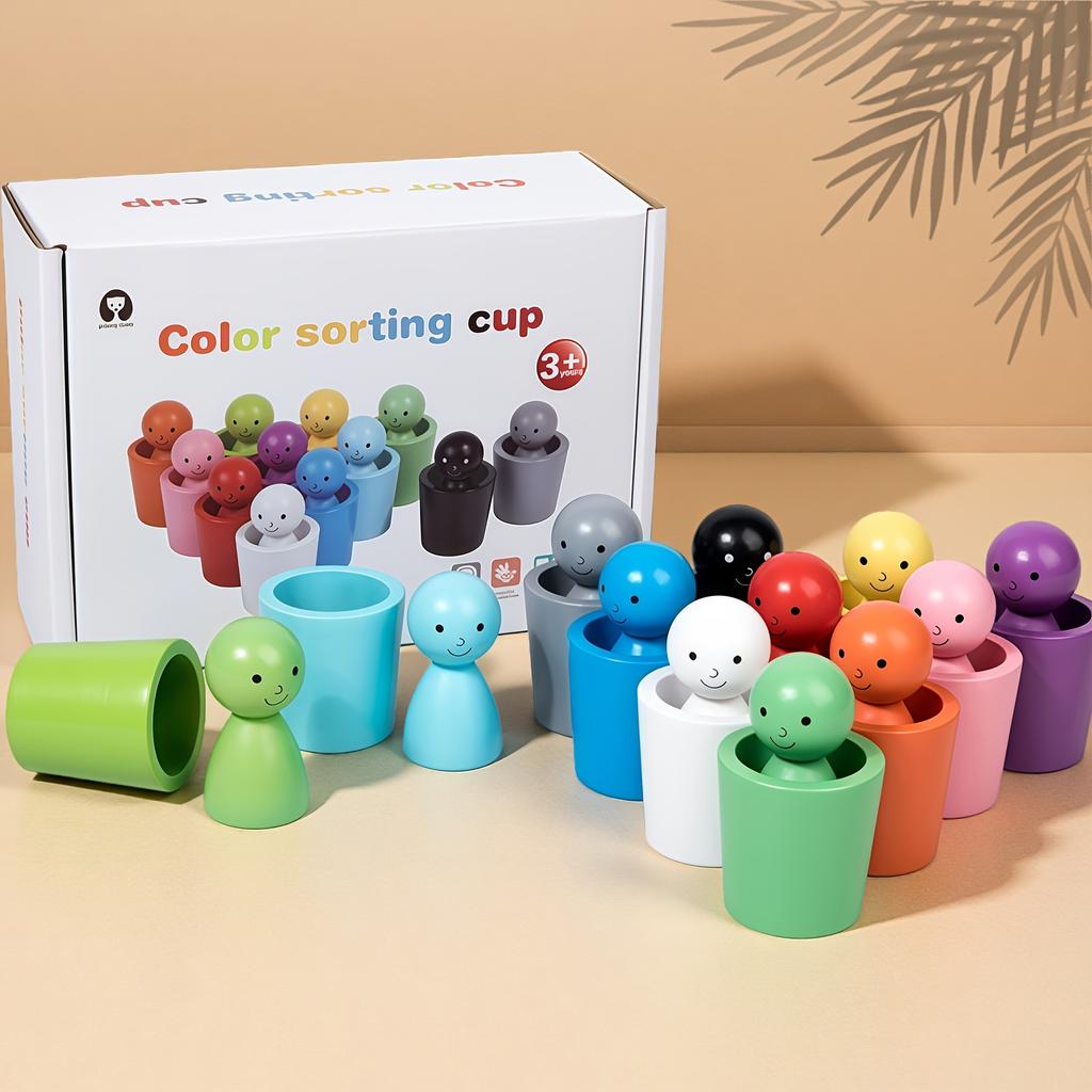 A 24pcs Wooden Sorting Cup Set in a Colorful Box, Featuring Cute Wooden Figurines for Educational Play. Enhances Observation and Hands-on Skills