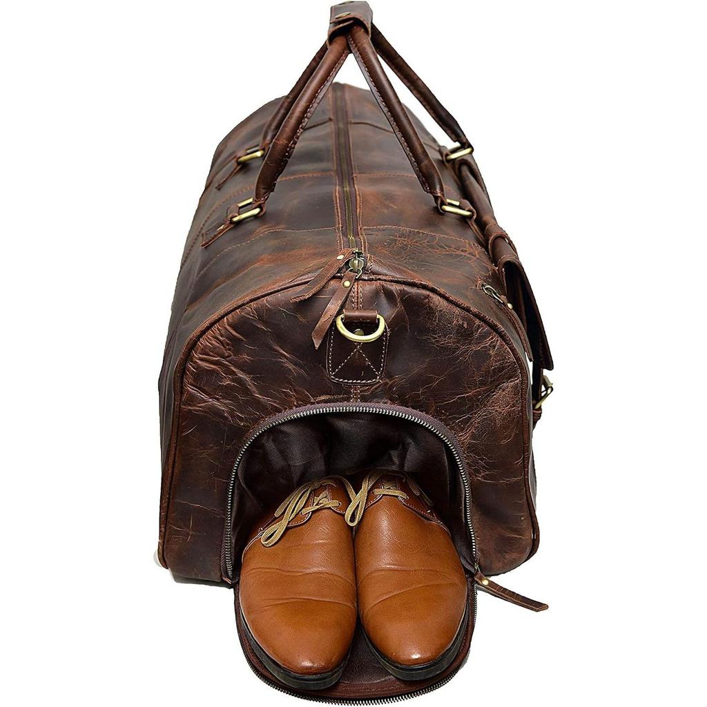 24 Inch Genuine Leather Duffel | Travel Overnight Weekend Leather Bag | Sports Gym Duffel for Men With Leather Toiletry Combo