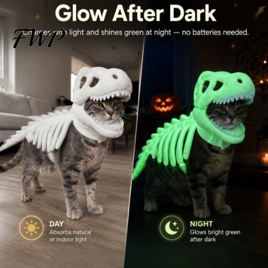 Night Walking Reflective Pet Apparel Glow In The Dark 3D Dinosaur Skeleton Costume, Plush Halloween Cosplay Outfit for Cats Dogs, Luminous Dino