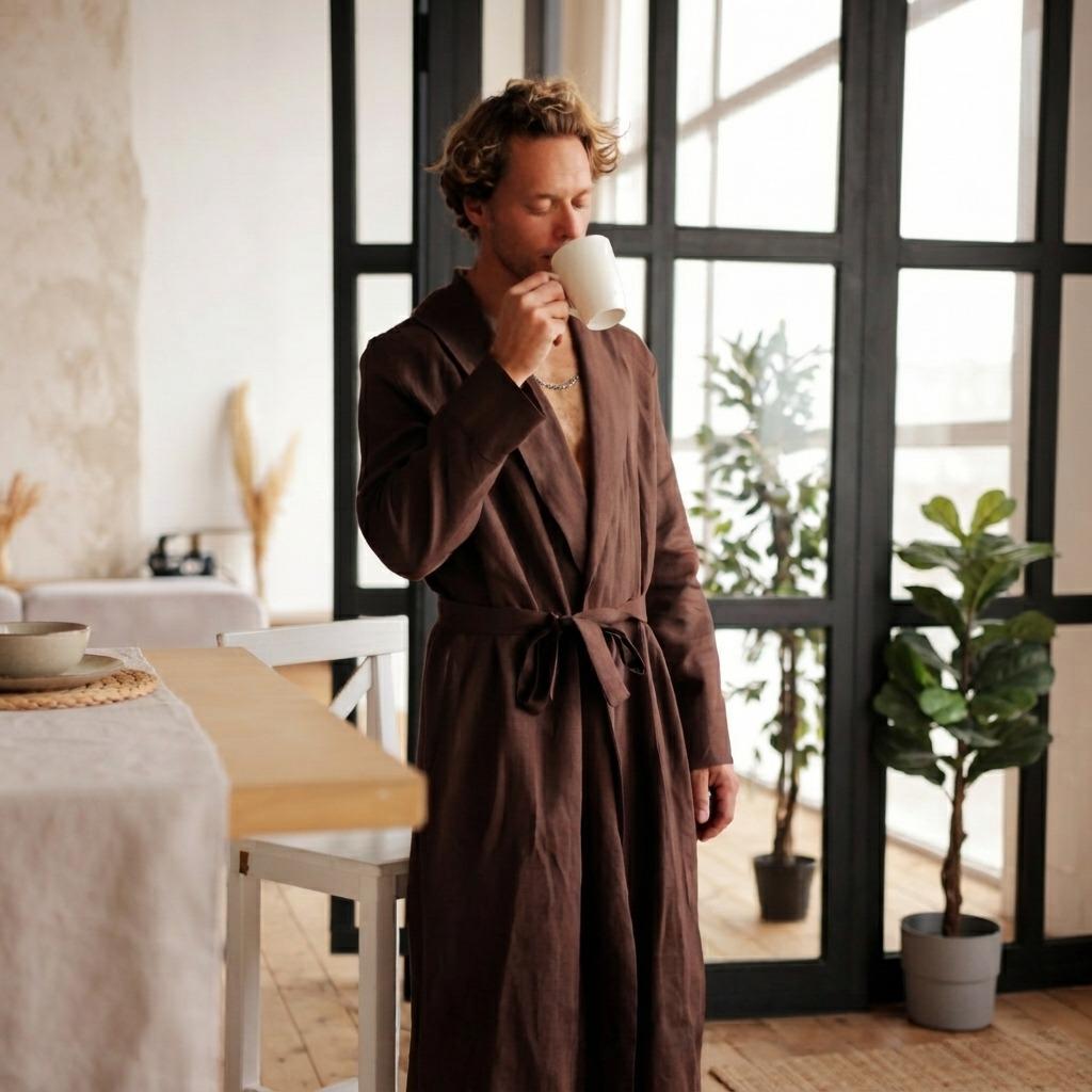 Linen Bath Robe with Belt Long Sleeve Side Pocket