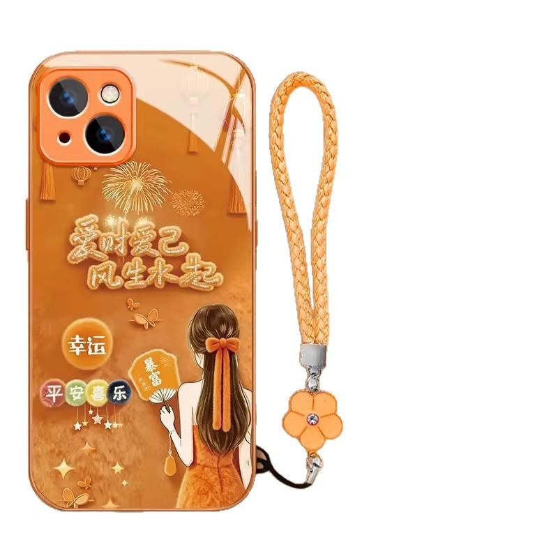 Love Money and Love Yourself for Girls, Suitable for Apple 17 Mobile Phone Case, Orange Water Condensation iPhone16PROMAX Personalized Lanyard Case.