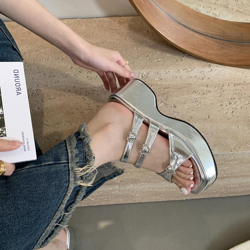 Summer Women Fashion Platform Heel Slippers Crystal Decoration Shoes Ladies Casual Dress Street Style Shoes Slides