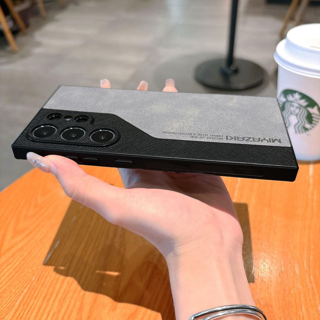 Suitable for Samsung S25ultra Leather Matte Mobile Phone S23plus Color Blocking Lambskin Simple S24 Contrasting Color Case