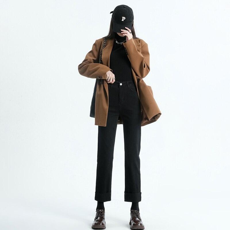 

Осенние утолщенные теплые эластичные прямые свободные джинсы с высокой талией, женские тонкие винтажные уличные брюки в стиле Харадзюку, трендовые джинсовые широкие брюки 32 чёрный