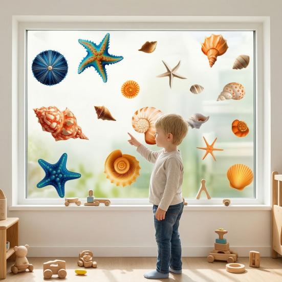 Pegatinas para Ventana de Caracolas y Estrellas de Mar, Adhesivo Impermeable para Ventana con Vida Marina del Océano, Pegatinas Estáticas Reutilizables para Puerta de Cristal, Suministros para Fiestas de Verano