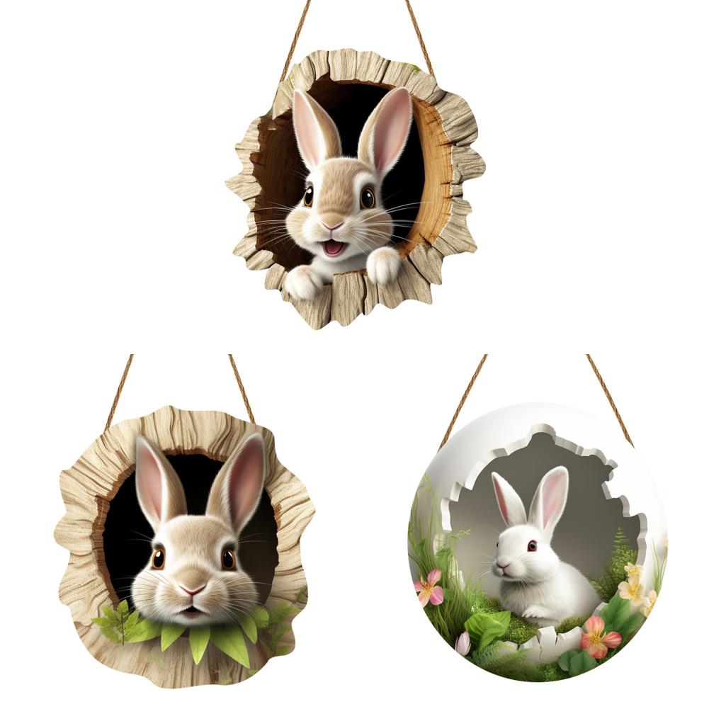 3/1 Set Easter Bunny Door Sign Pendant Decoration Wooden Hanging Spring Happy Rabbit Construction Door Easter Party Decor 2025