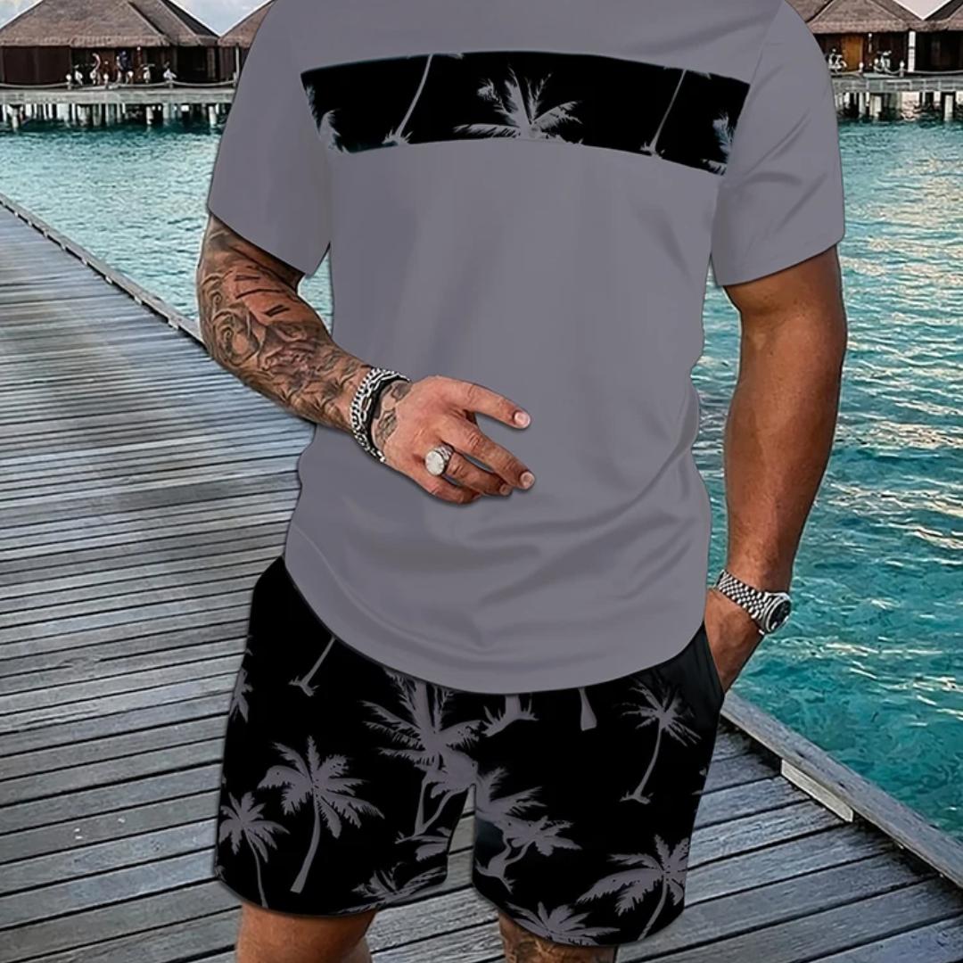 

Мужской летний комплект из шорт с короткими рукавами и тропическим принтом кокосовой пальмы. Летняя мужская футболка с круглым вырезом и короткий комплект на шнурке. 3XL