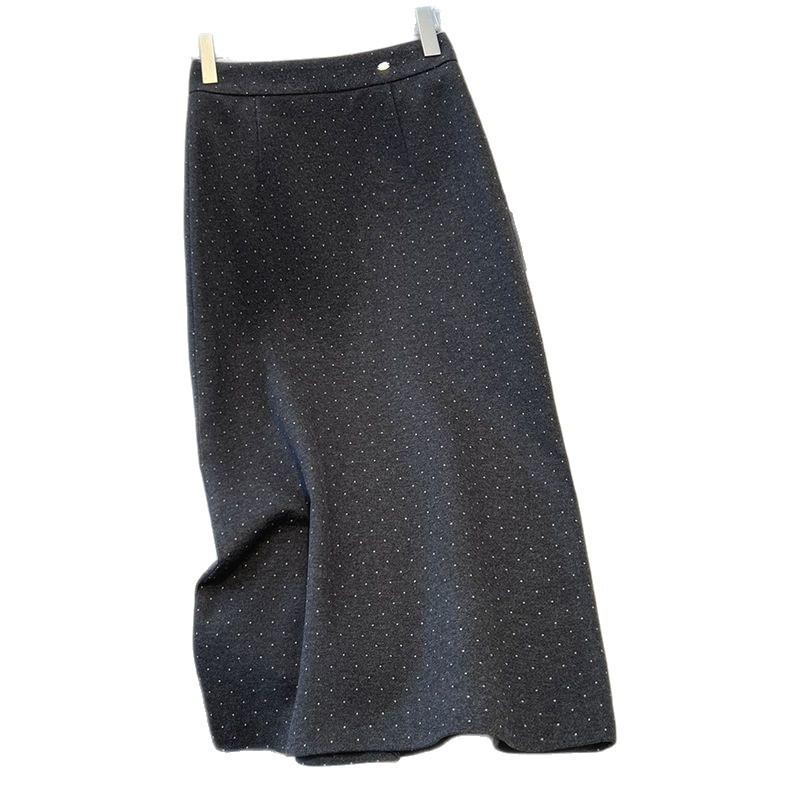 Women's Gray Polka Dot Wool A-Line Hip-Hugging Midi Skirt - Autumn/Winter 2025 Collection