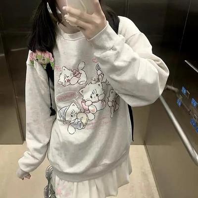 VAYLA Y2k Harajuku Kawaii Hoodie Women Japanese Fashion Cute Casual Cat Print Soft Gril Loose Sweatshirt Preppy Style