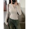 2025 New Spring and Autumn Long Sleeve Inner Women T-Shirt Tight Slim Fit Office Women's Bottom Shirt Basic solid color O Neck Skinny Button Top