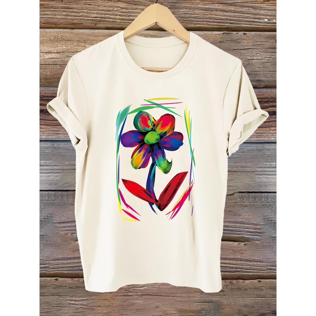 Women's Vibrant Floral Print T-Shirt, Short Sleeve Crew Neck Casual Top for Summer & Spring