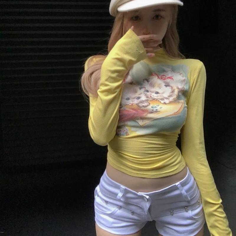 Sweet Sexy Kawaii Cat Print Camisetas Half High Collar Women Vintage Short Tshirts Y2k Slim Waist Crop Tops Skinny Yellow Tees