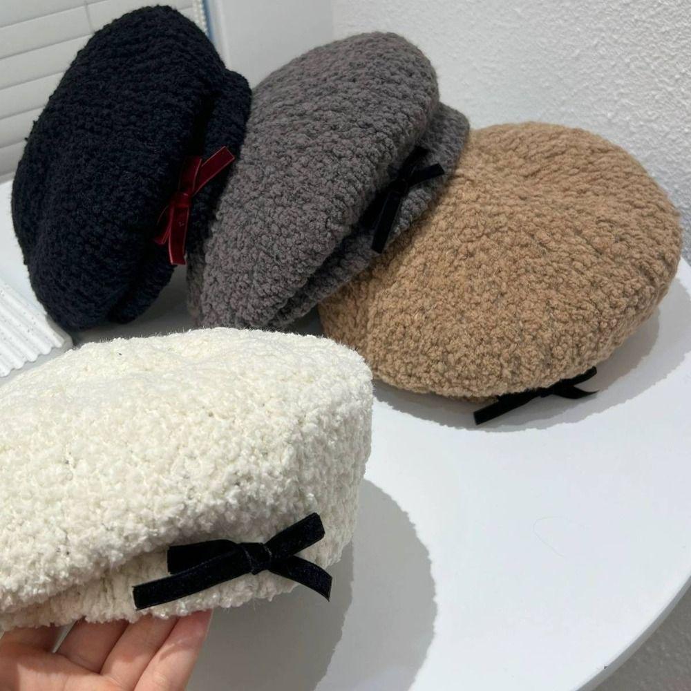 Bow Women Plush Beret Adjustable Newsboy Cap Retro Summer Tourism Beret  Autumn and Winter