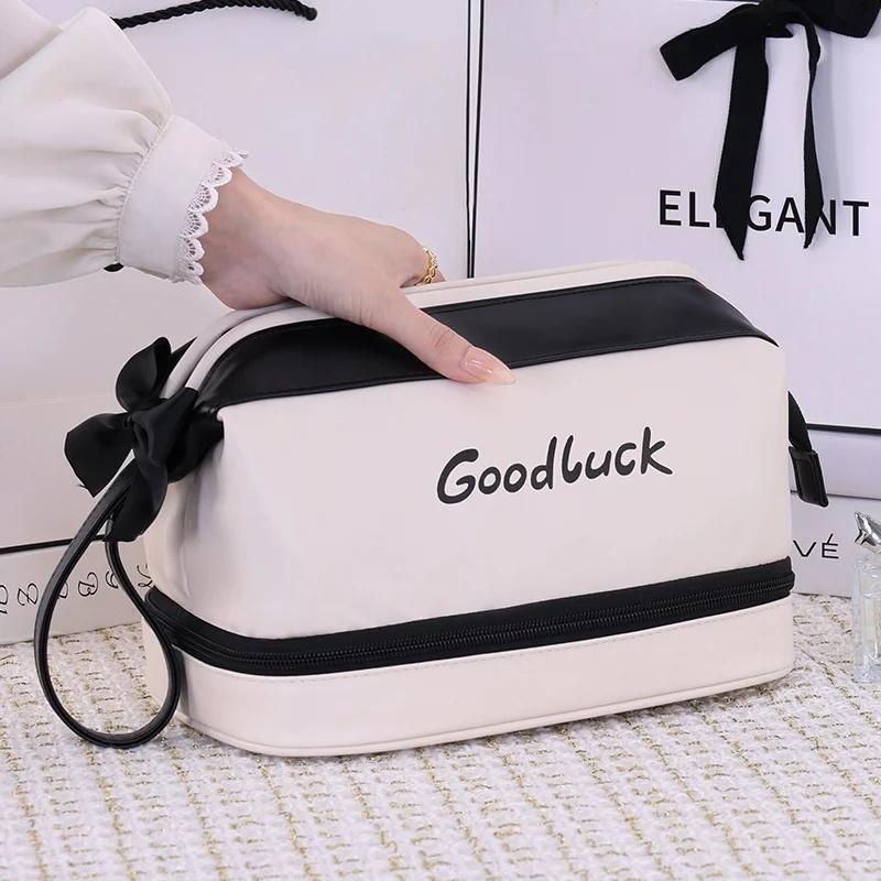 

Double layered Makeup Bag For Women PU Leather Large Capacity Portable With Zipper Travel Cosmetic Brush Toiletries Storage Bags білий