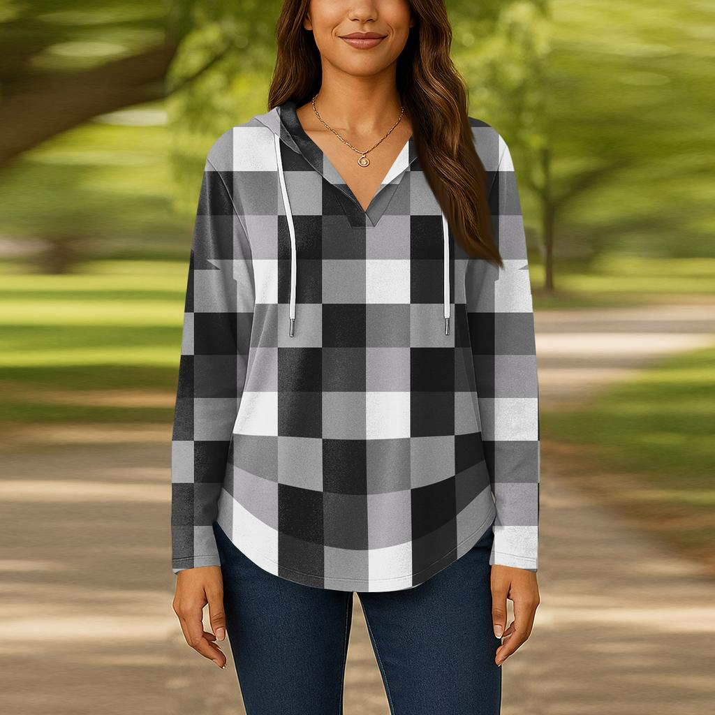 Damenmode Kapuzenpullover V-Ausschnitt Langarm Geblümter Kordelzug Lässig Locker Pullover Tops