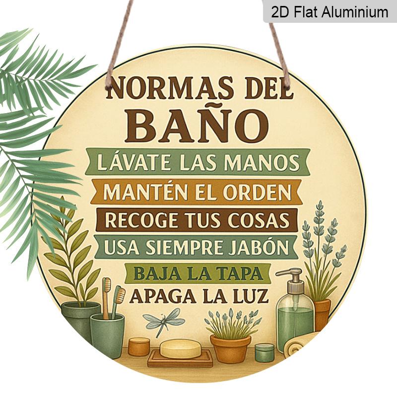 

2D Flat, 1pc Round Aluminum Spanish Bathroom Rules Sign, Normas Del Bano Vintage Botanical Bath Decor, Waterproof Rustic Metal Plaque, Perfect for 7.87×7.87inch
