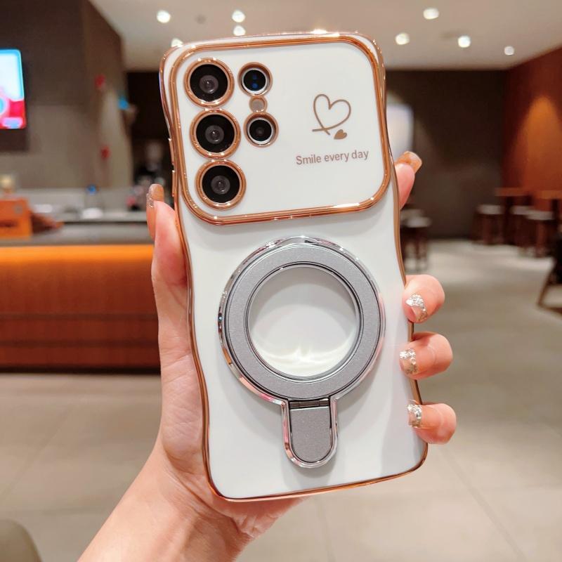 Wave Frame Plating Glossy Phone Case For Samsung Galaxy S25 Ultra S24 FE S23 S22 Plus S21 TPU Soft Shockproof Ring Holder Bracket Back Cover