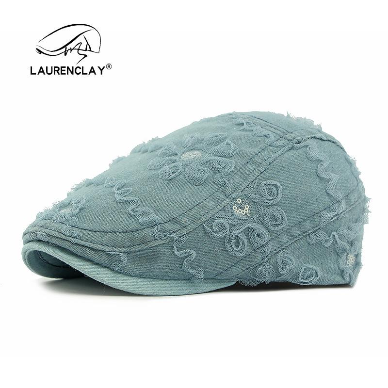 

Летняя шляпа женский берет британский винтажный кепи с козырьком кружево пайетки кепка художника тренд adjustable светло-синий