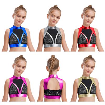 Girls Dance Crop Top Mock Neck Sleeveless Cutout Back Shiny Rhinestones Color Block Performance