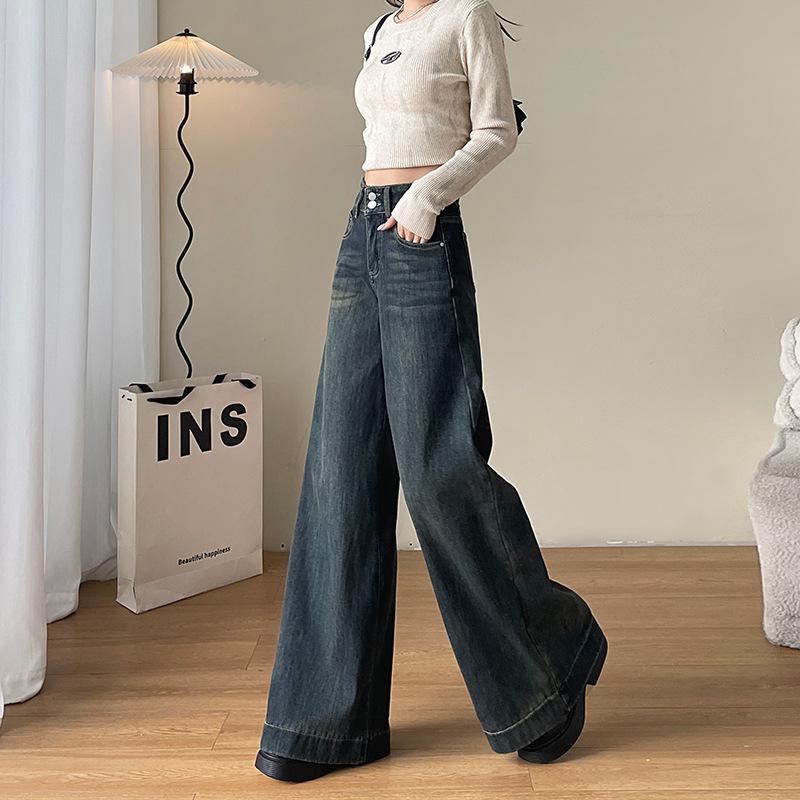 

Women s High-Waisted Retro Wide-Leg Jeans - Spring/Autumn 2025 Petite Straight-Leg Pants L