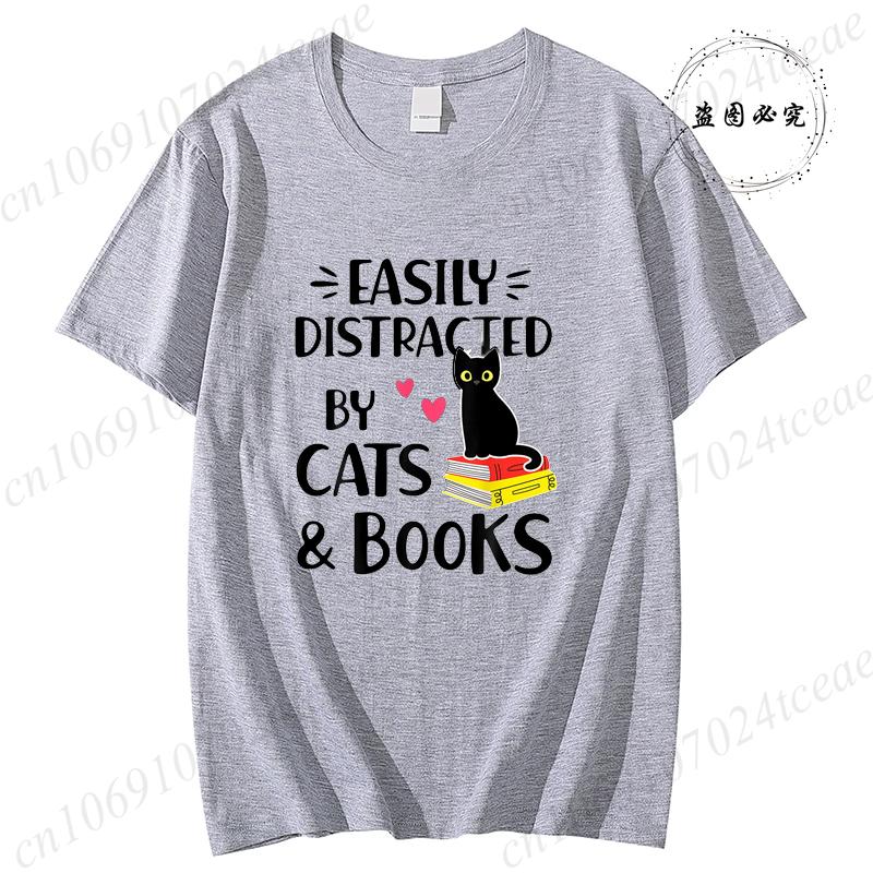 Short Sleeve Tshirt for Unisex Tee Clothes Easily Distracted By Cats and Books Tee Tops Book Reader Top Y2K Unisex Casual Clothes