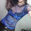 Female Spring/Summer Sheer Silk Round Neck Short Sleeve Base Layer T Shirt