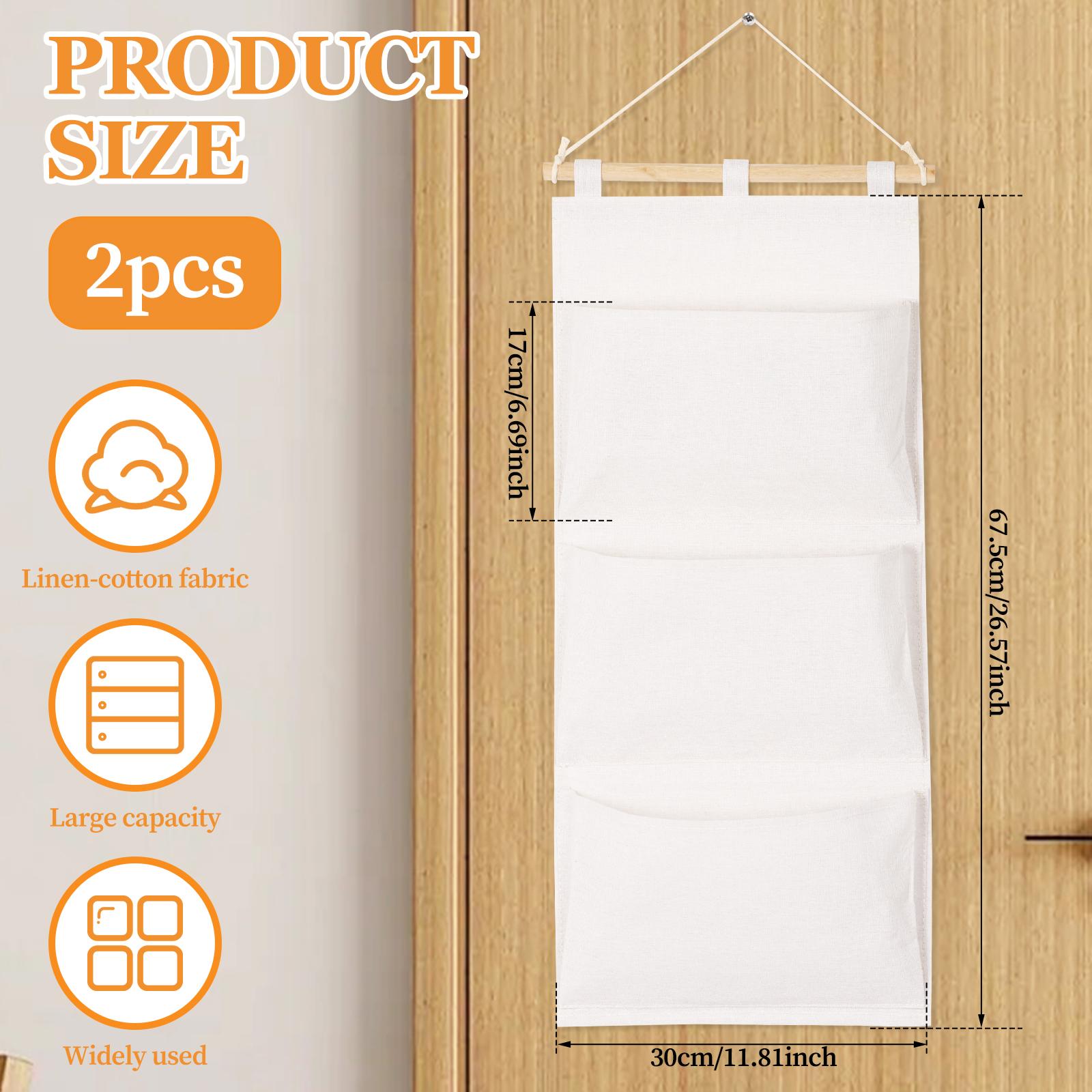 

2Pcs Over the Door Storage Bag Cotton Linen Wall Hanging Storage Bag with 3 Pockets Multifunction Wardrobe Hanging Organizer