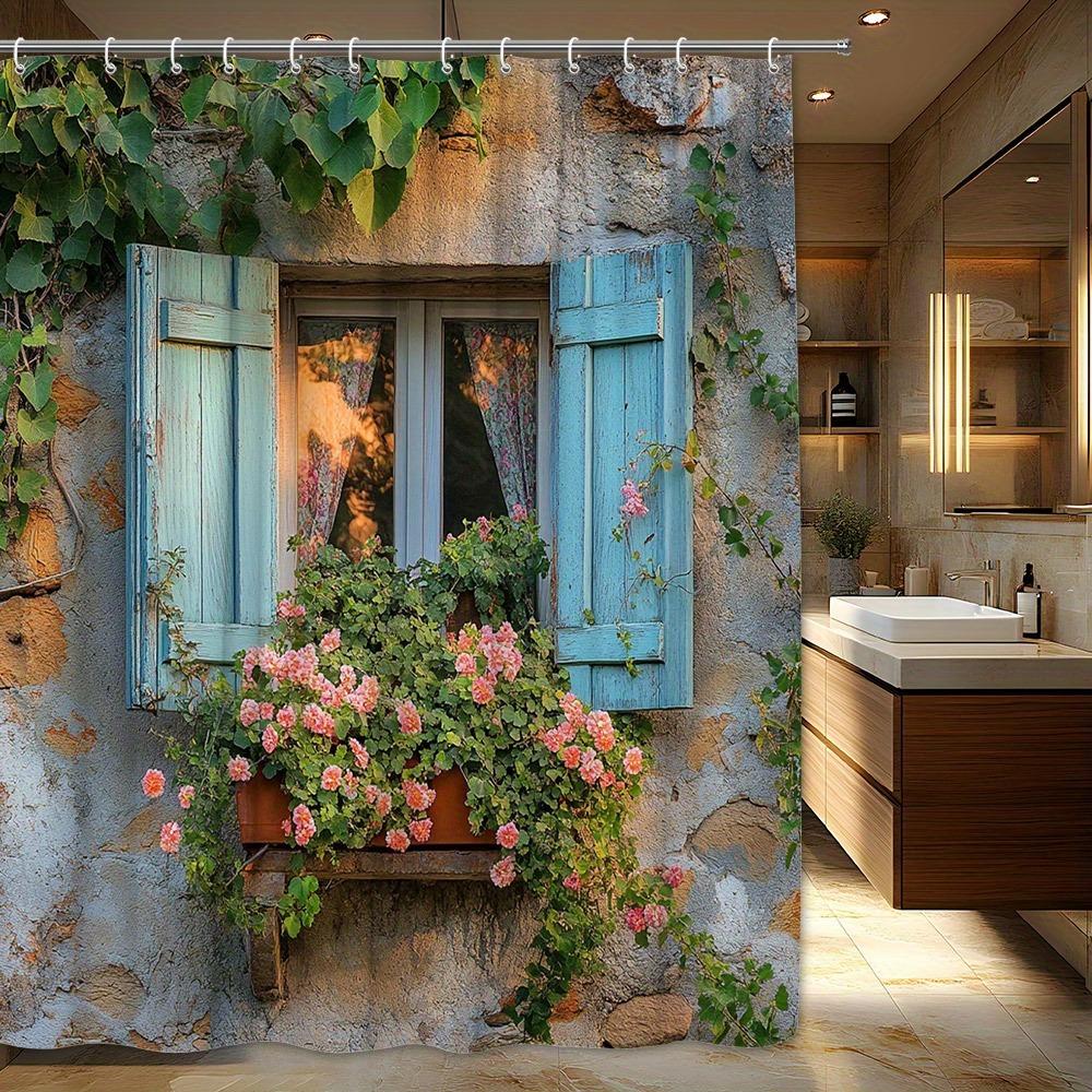 

Light Blue Wooden Shutters Washable Dirt-Resistant Shower Curtain Shower Head Waterproof Polyester Bath Curtain For Home Decor W60H190(CM)-1 Pcs